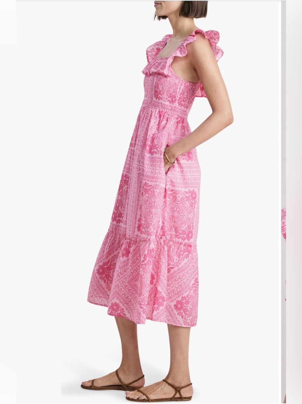 Vineyard Vines Midi Dress-Pink Cotton Smocked Ruffle Square-Neck